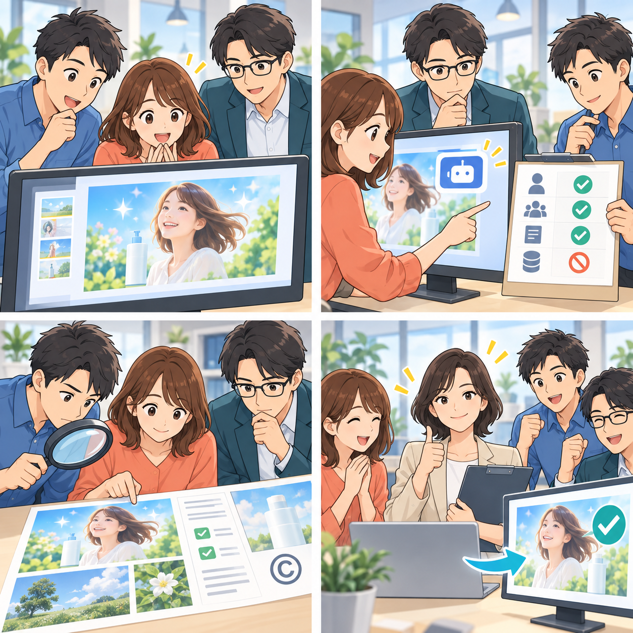 AI広告の公開前確認を示す4コマ漫画