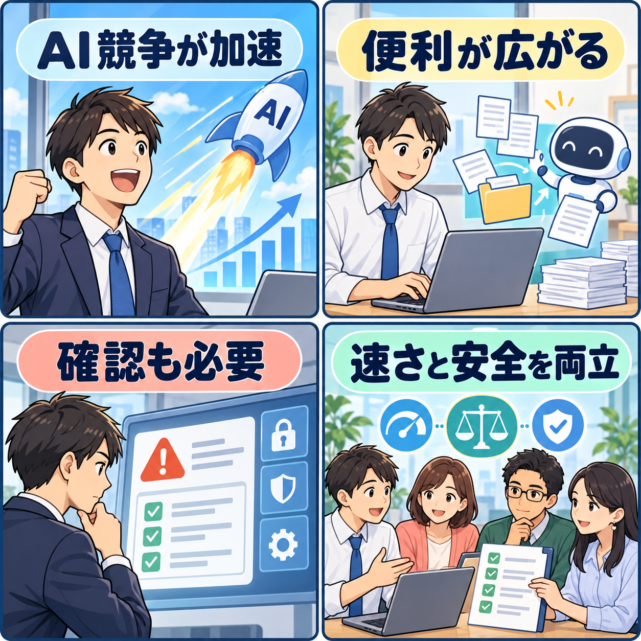 AI競争と安全確認を描く4コマ漫画