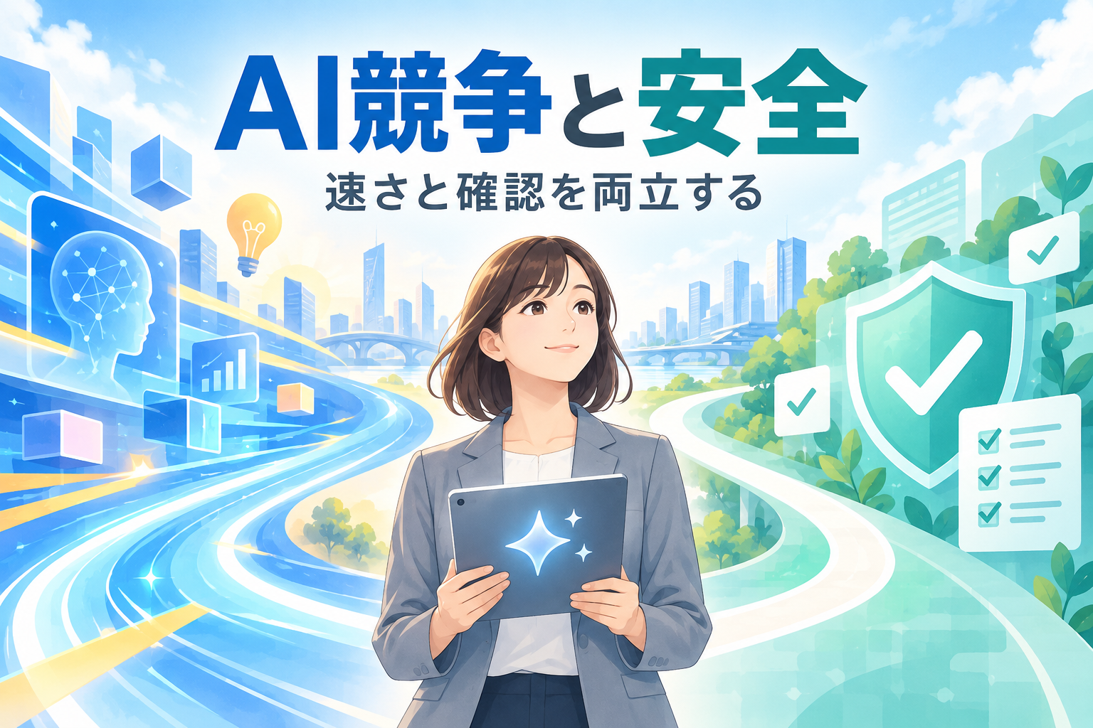 AI競争と安全確認の両立を描くイラスト