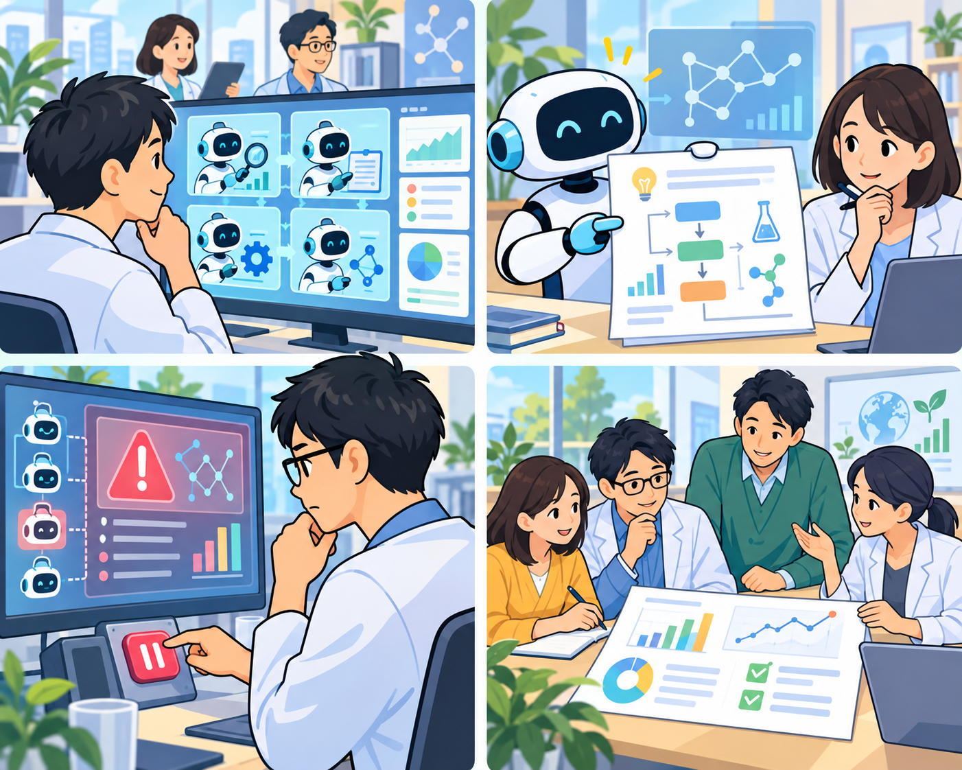AIが研究を支援し人が停止と確認を行う4コマイラスト