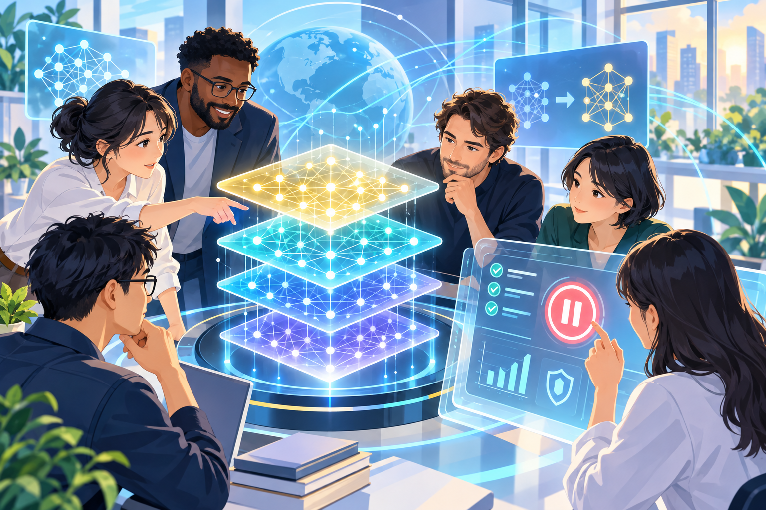 研究チームがAIの改善過程と監査画面を確認するイラスト