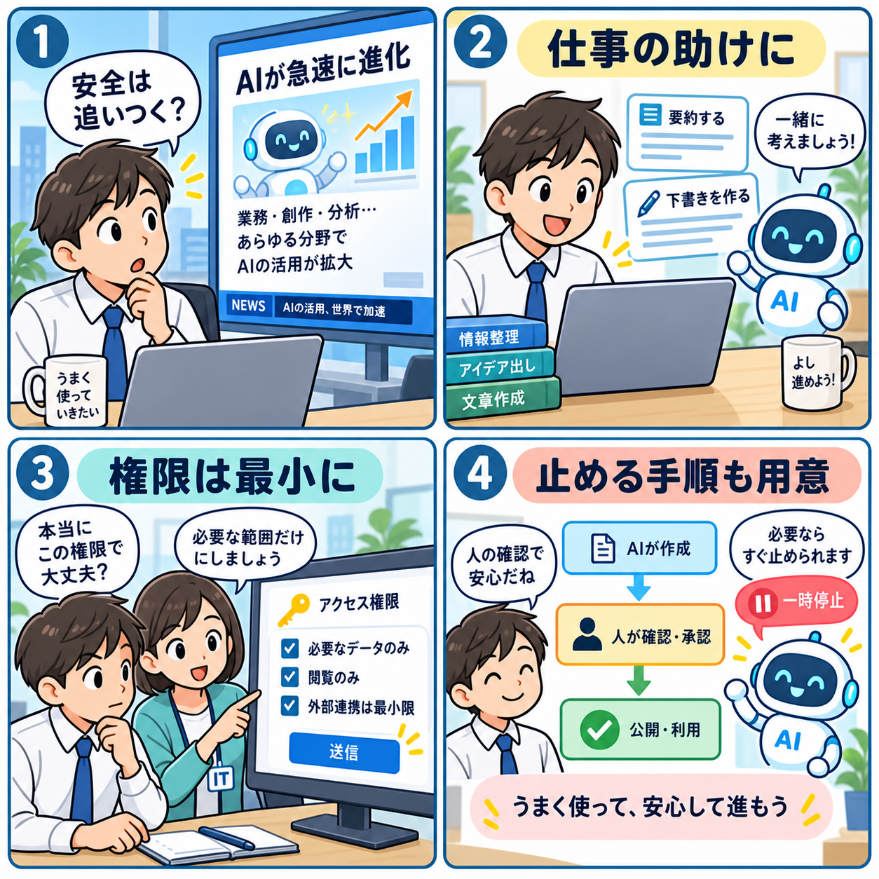 AI開発の速さと人の確認を描く4コマ漫画