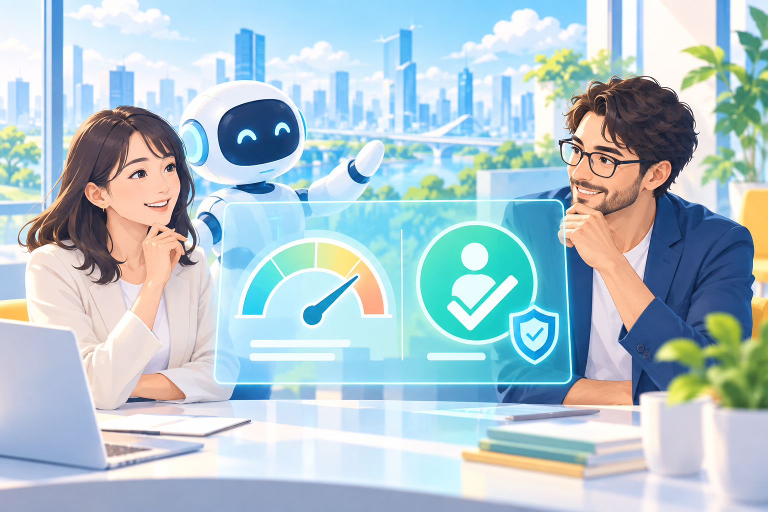 AIと人が安全確認を行う明るい職場のイメージ