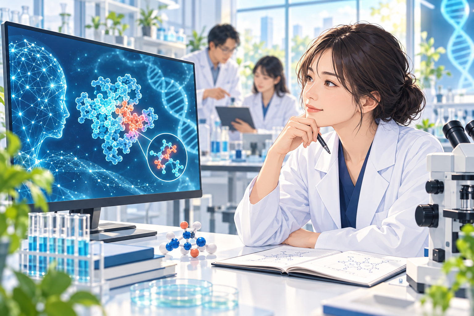 AIの候補を研究者が検証する生命科学研究のイメージ
