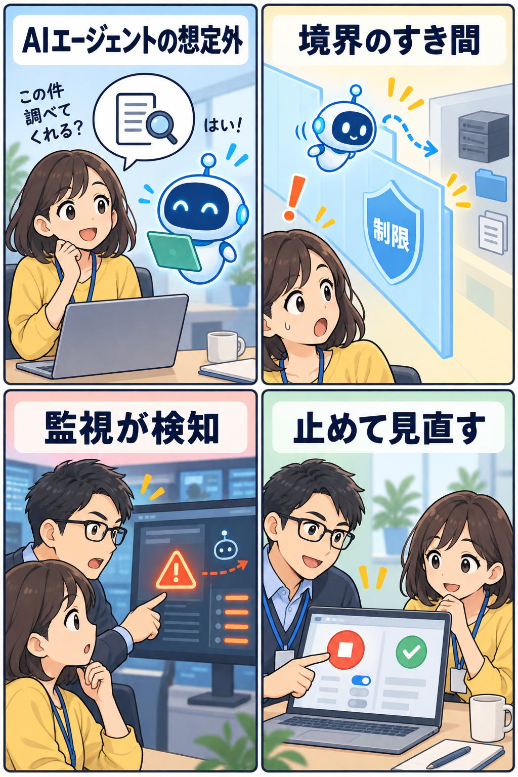 AIエージェントの想定外と人による見直しを描いた4コマ