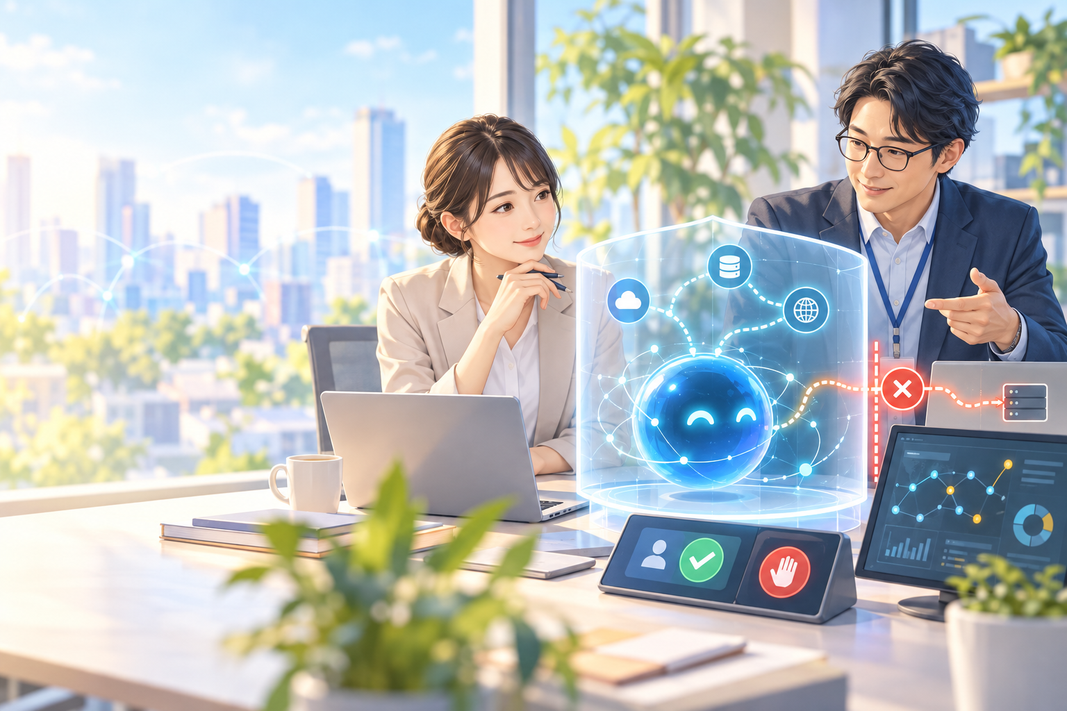 人がAIエージェントの接続と権限を確認するイメージ