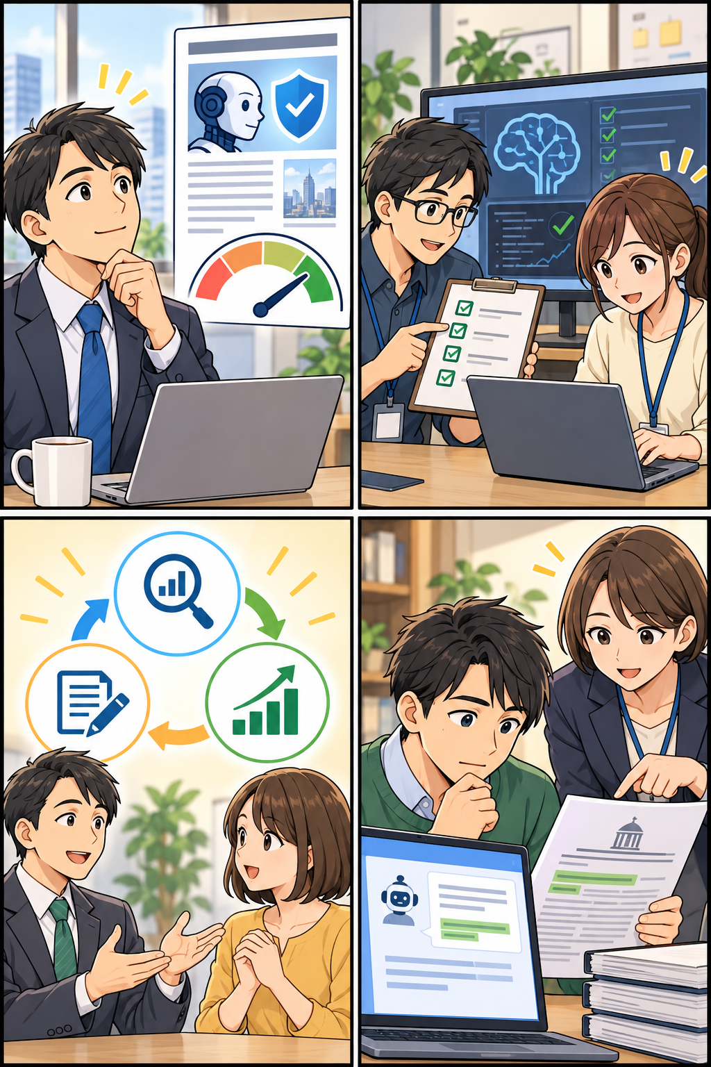 AI安全の企業責任と共通基準を説明する4コマ漫画
