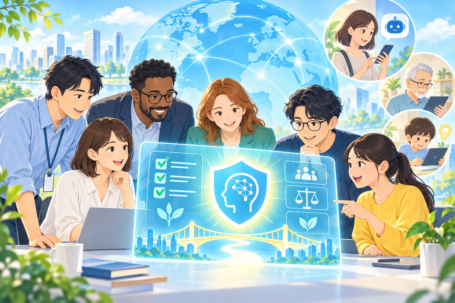 AIの安全確認と共通基準を表す人とチェックマーク