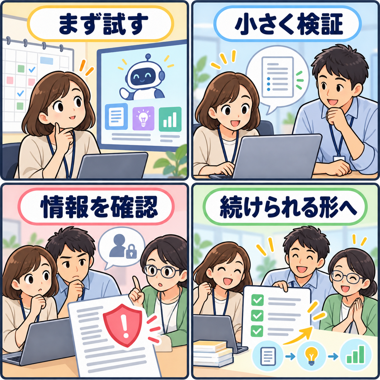 AI研修を小さく試して定着させる4コマ漫画