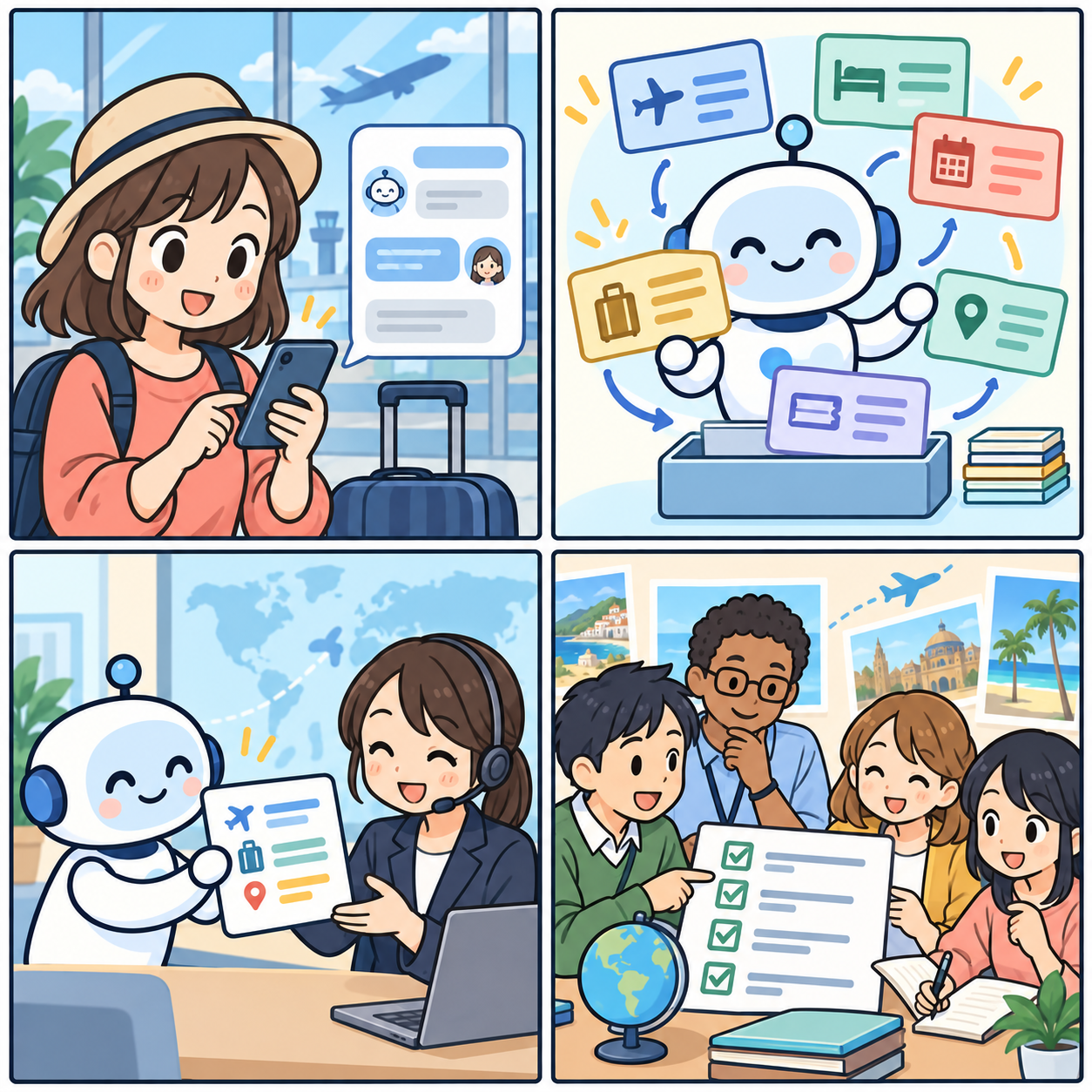 AI問い合わせ対応の確認手順を示す4コマ