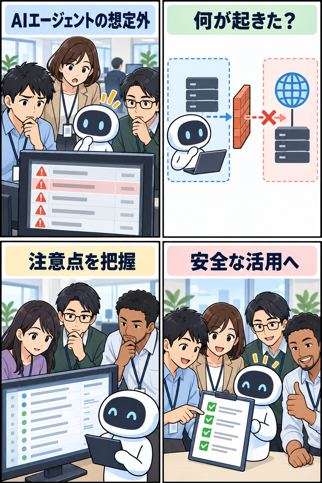 AIエージェントのサイバー評価と人による確認を描いた4コマ漫画