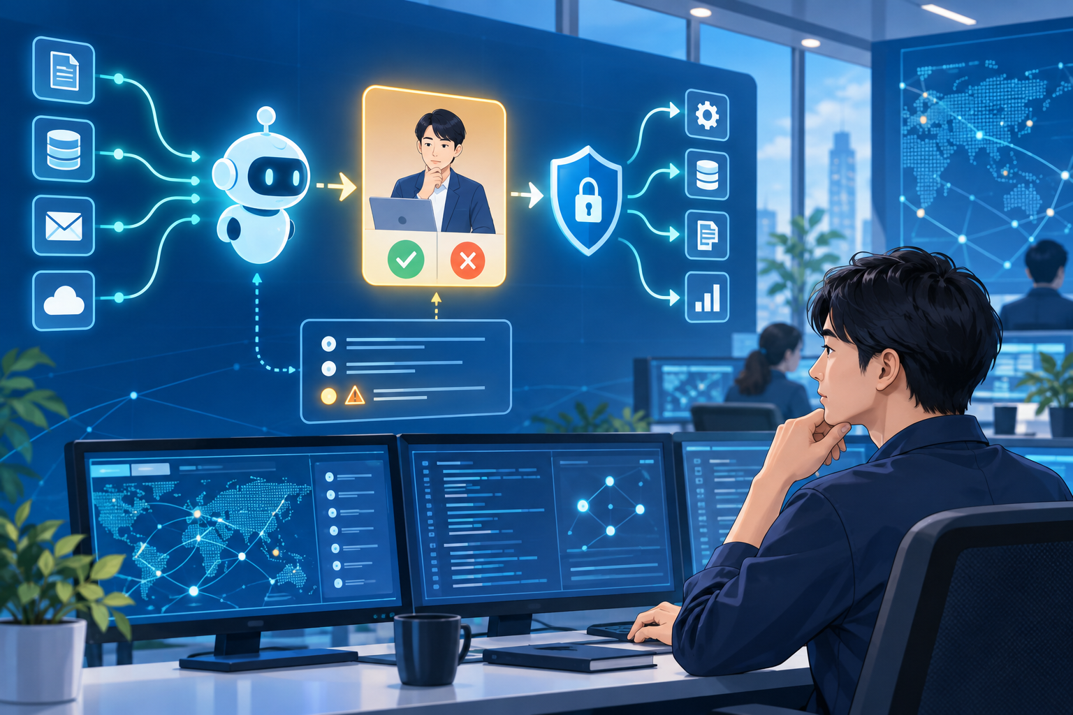 AIエージェントを人が監督するサイバーセキュリティのイラスト