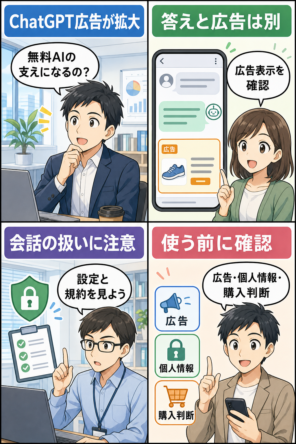 ChatGPT広告の拡大と確認点を解説する4コマ漫画