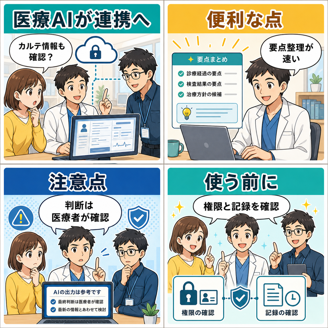 ChatGPT医療連携の利点と注意点を説明する4コマ漫画