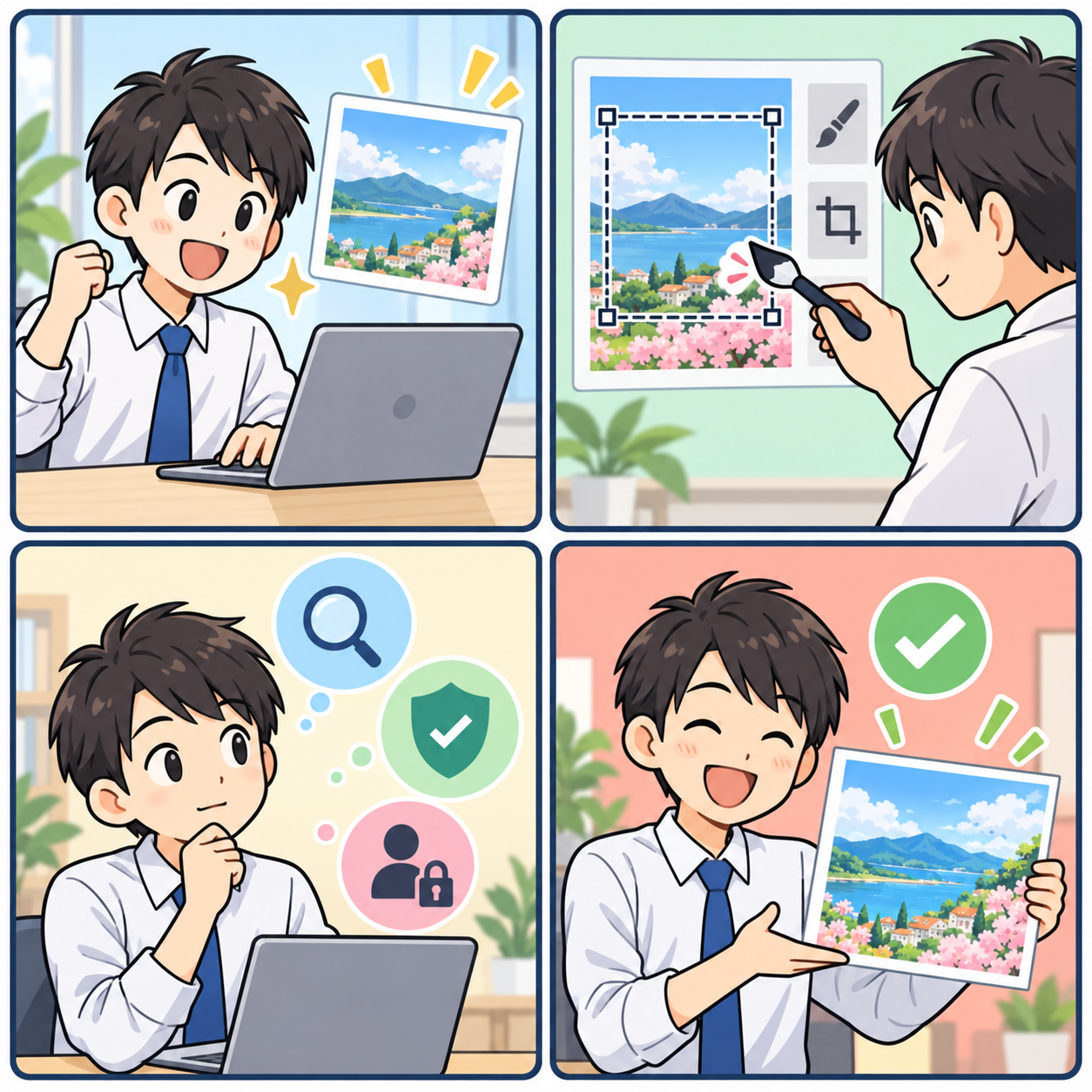 AI画像を作成、編集、確認、共有する4コマ