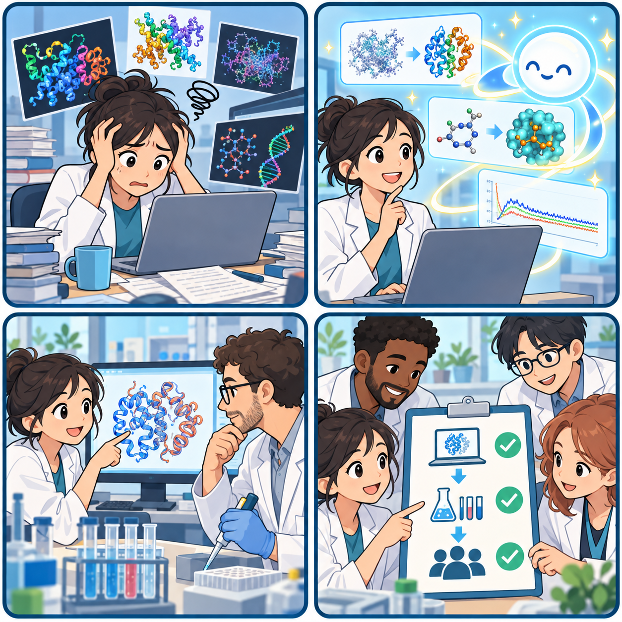 AIと研究者が分子計算から実験確認まで進める4コマ漫画