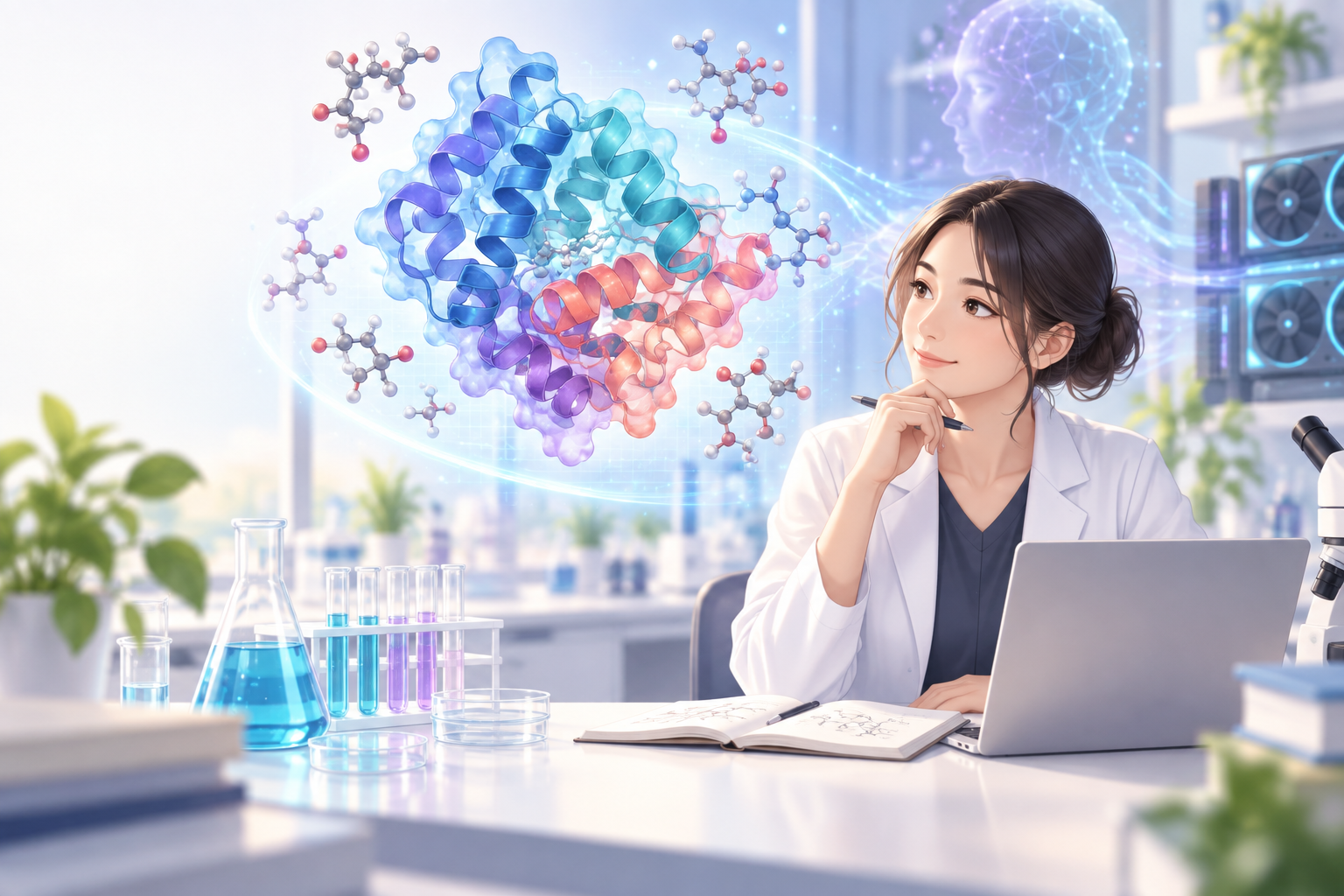 研究者とAIが立体的な生体分子モデルを確認するイラスト