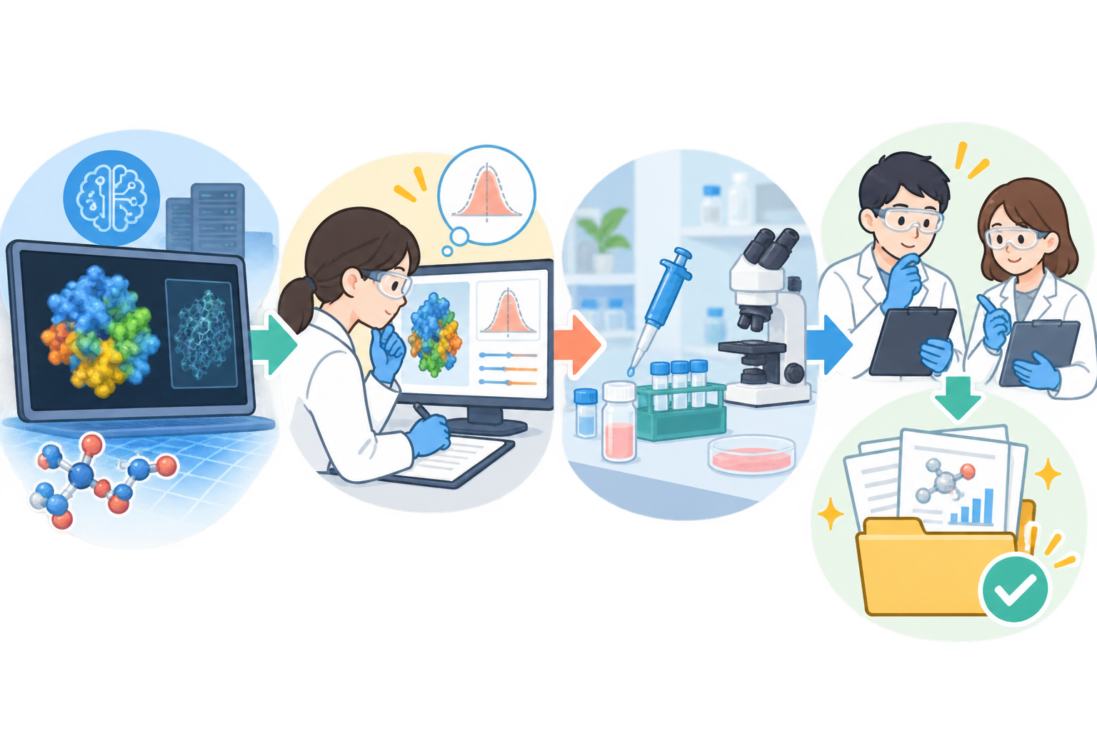 生体分子AIの計算結果を実験とレビューで確認する流れ