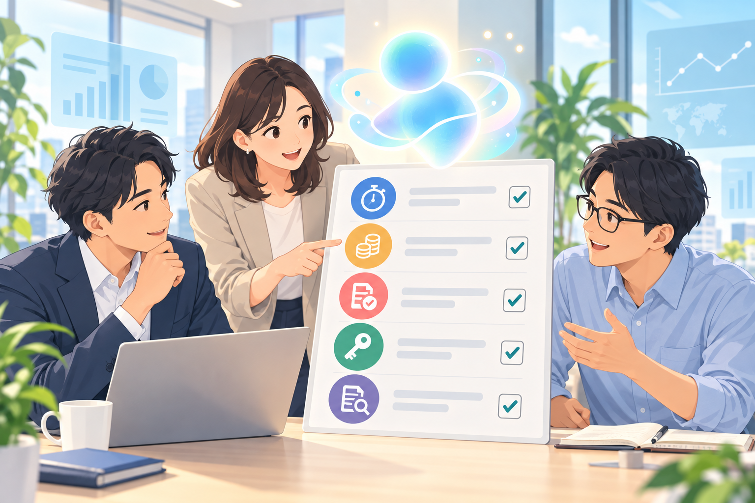 AI導入の評価表を確認するビジネスチーム