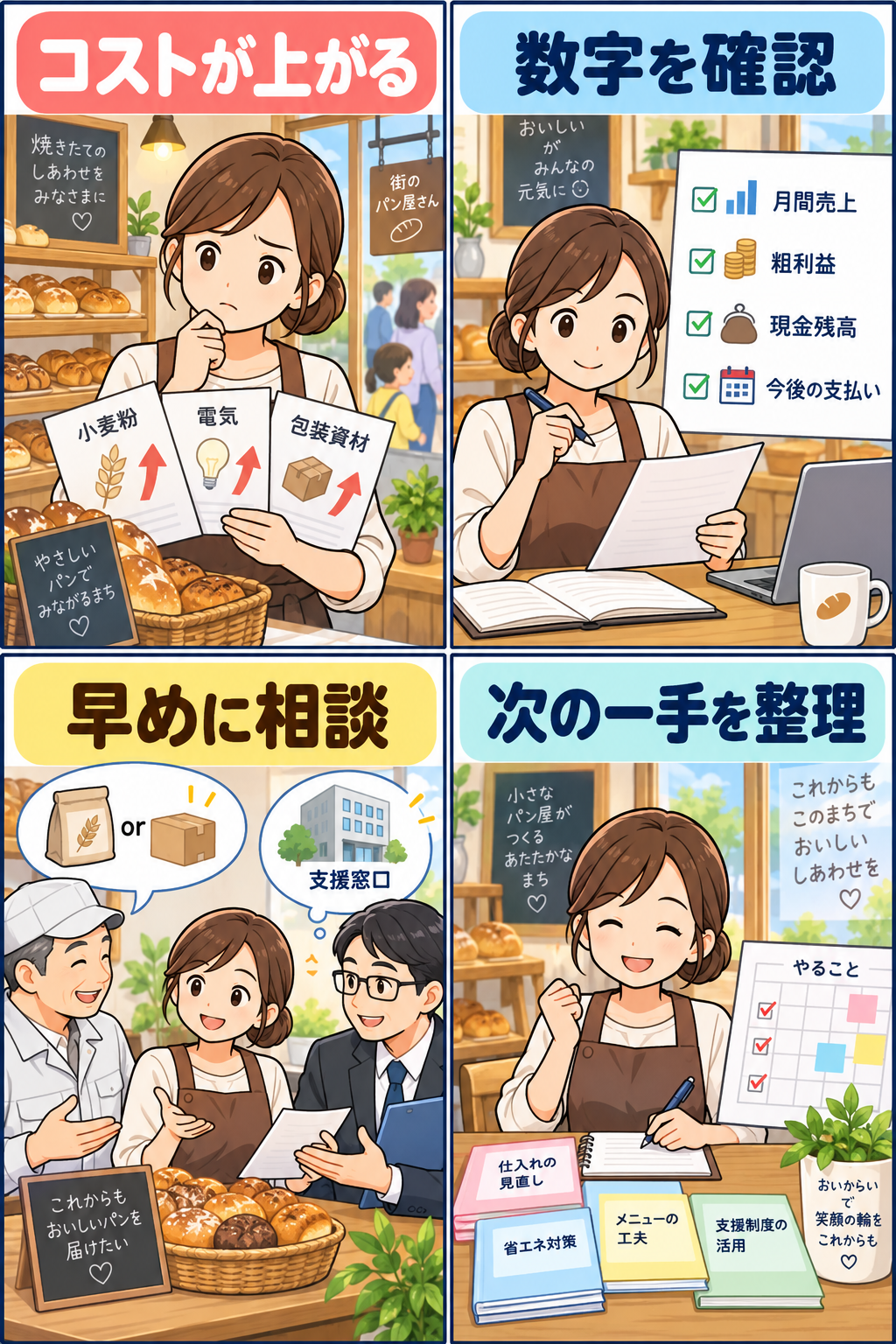 物価高時の経営確認手順を示す4コマ
