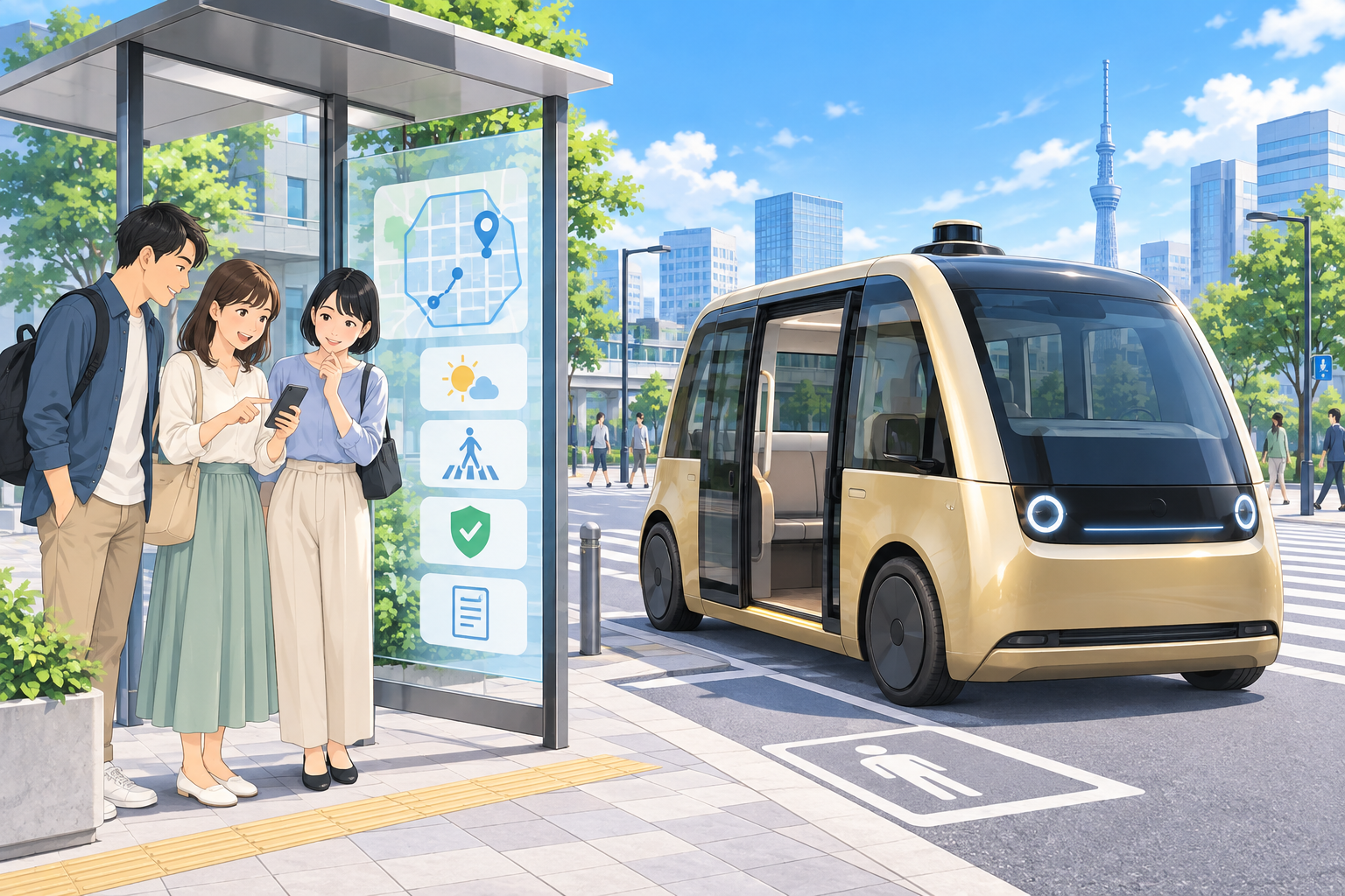 自動運転車の利用条件を確認する人たち
