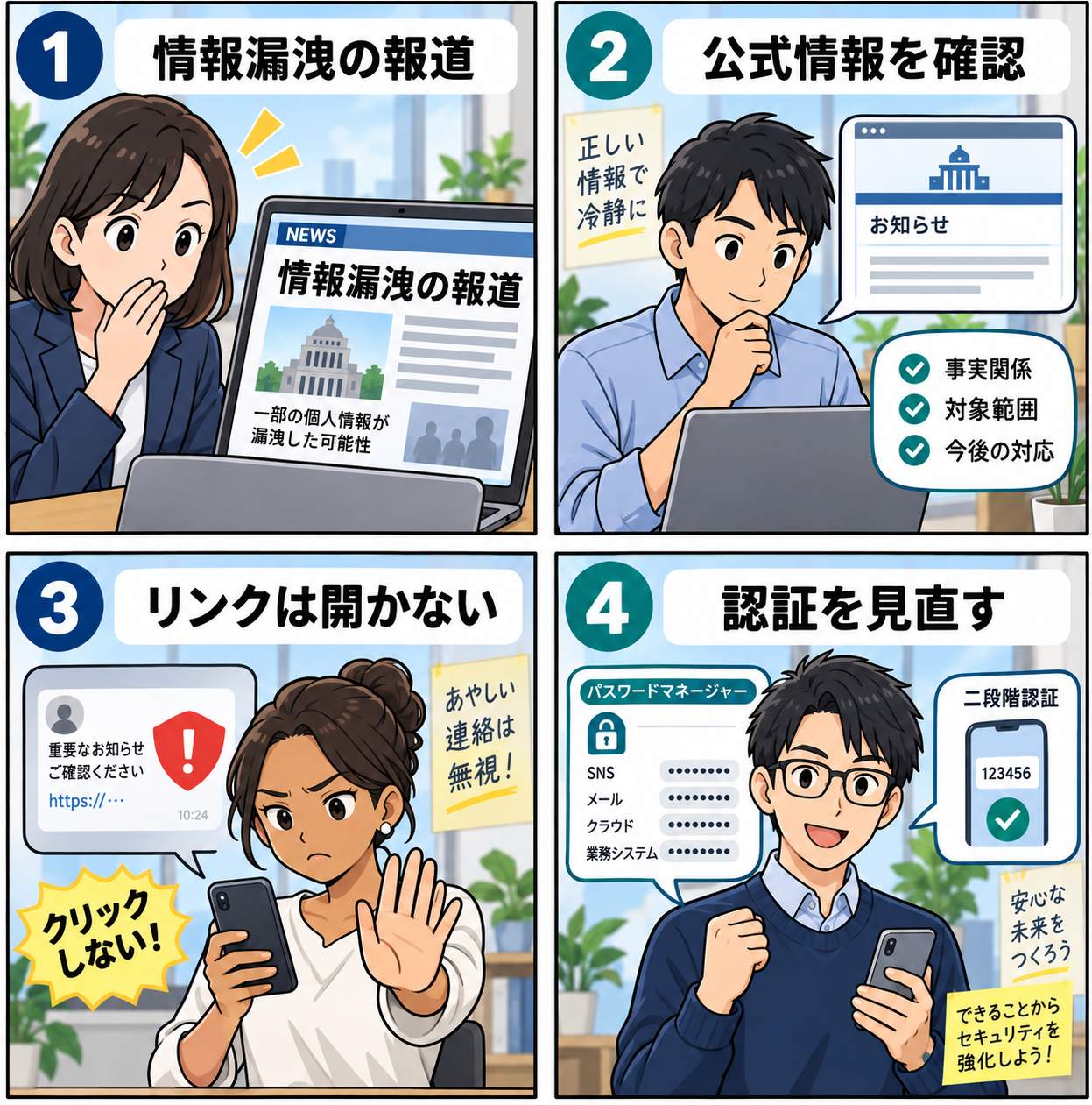 情報漏洩報道を見て公式確認と認証見直しを行う4コマ漫画