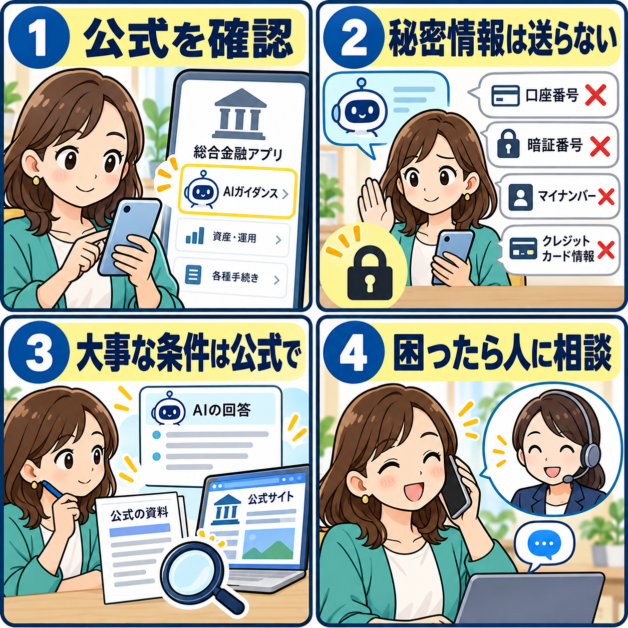 金融機関の生成AIを安全に使う確認手順4コマ