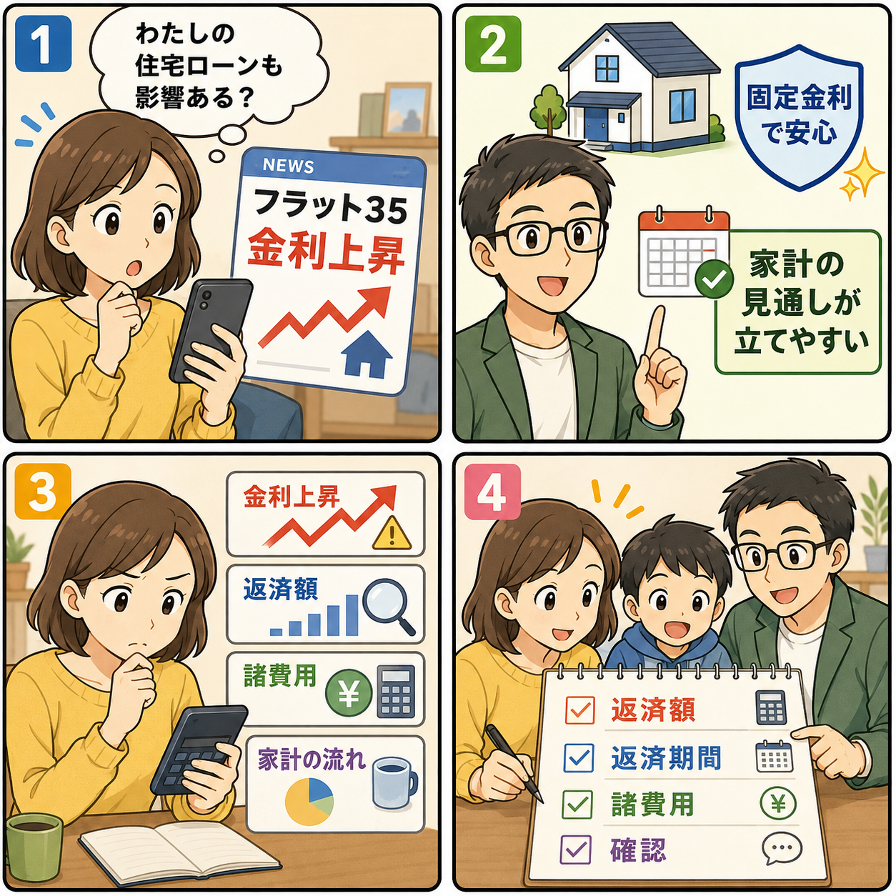 フラット35金利上昇を返済額・諸費用・確認項目で整理する4コマ