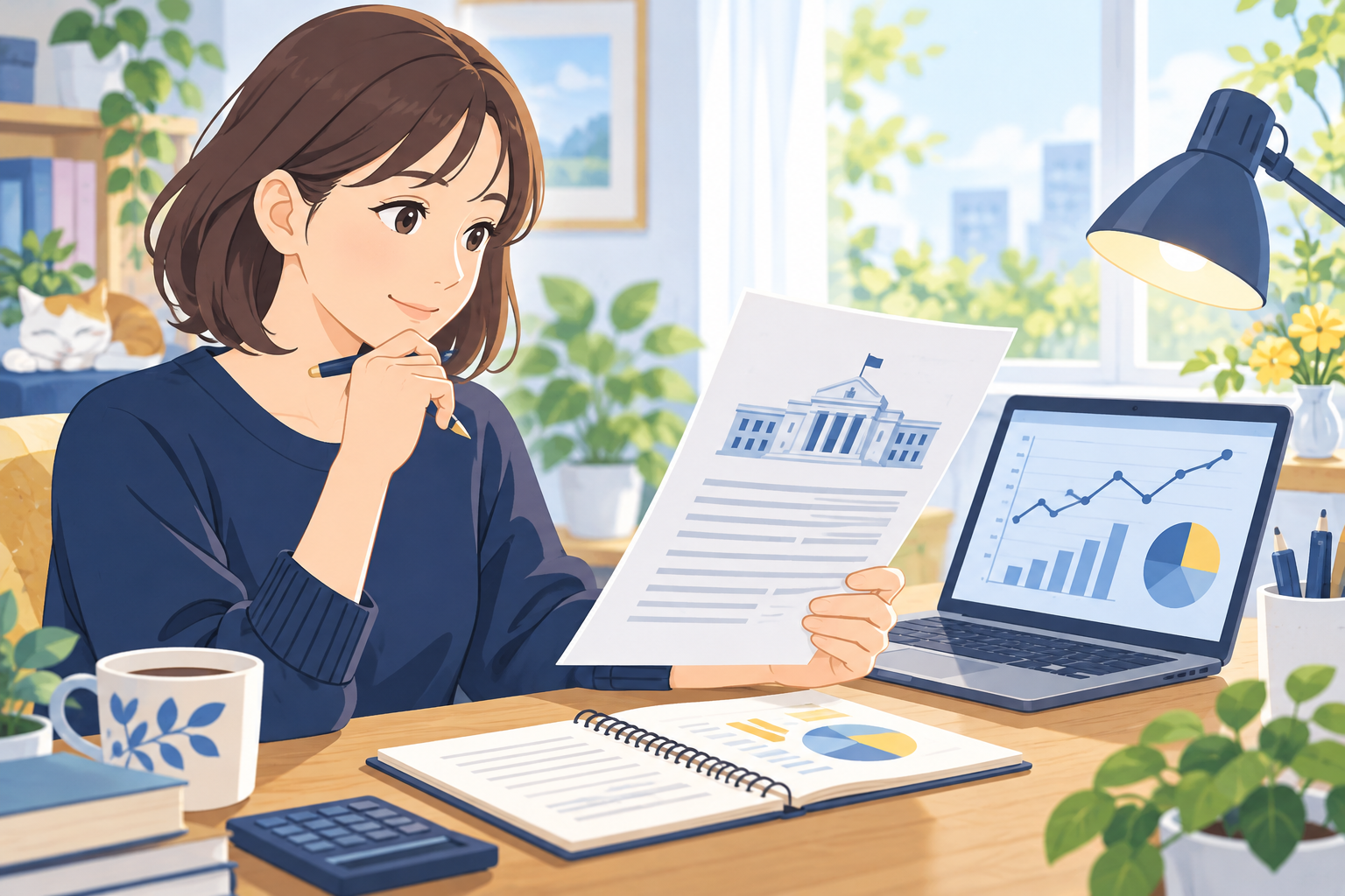 金利資料と家計簿を確認する人物