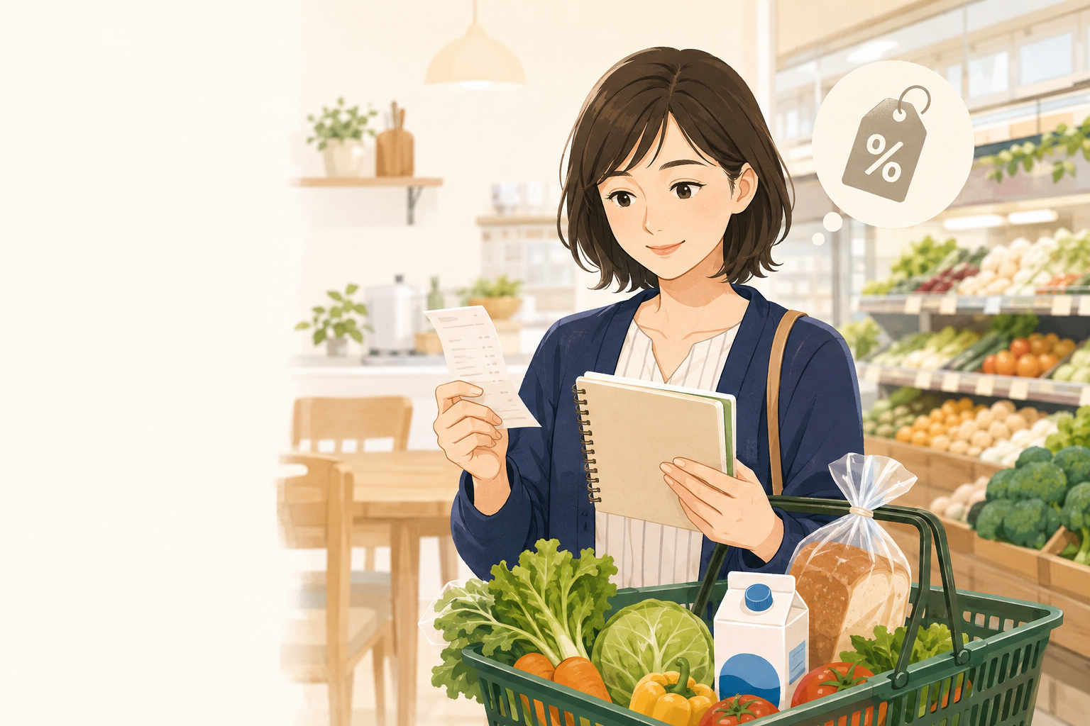 買い物かごと家計簿を見ながら食料品の税率変更を確認する人