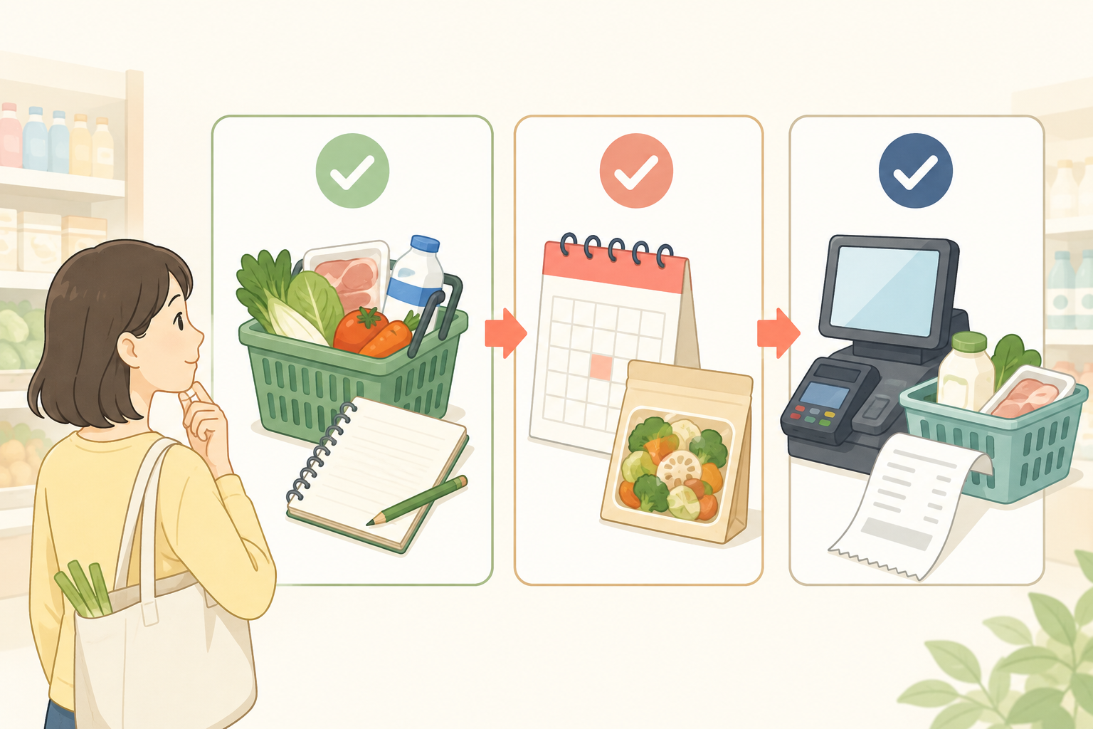 食費・対象品目・レジ処理の三つを確認するイラスト