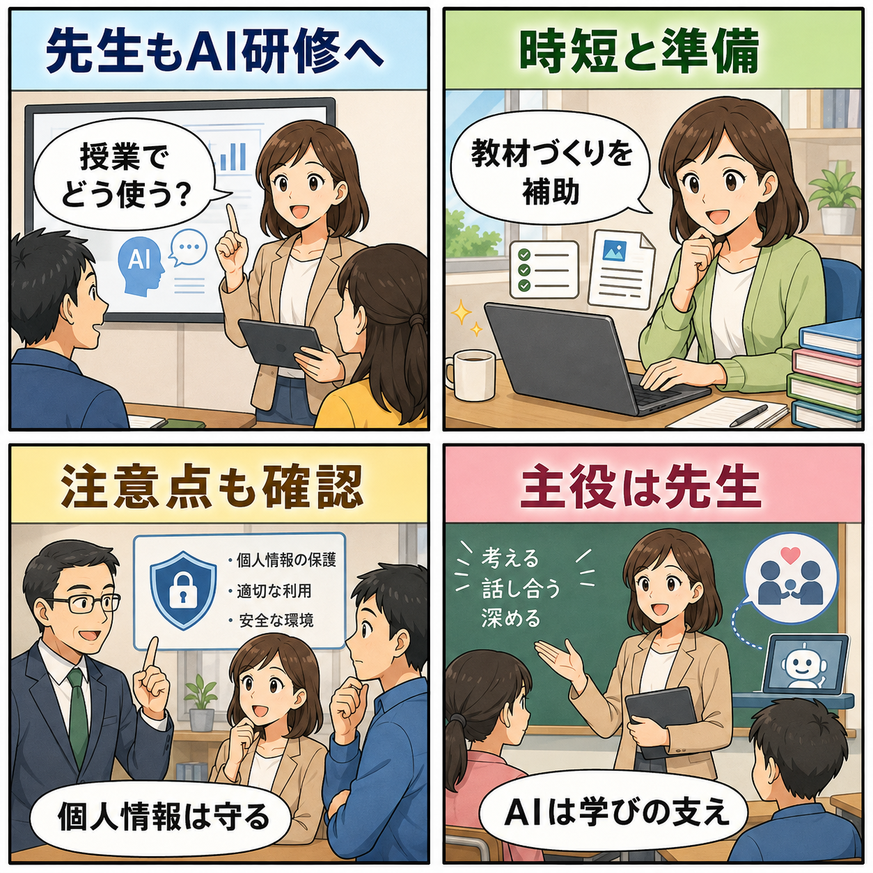 教師向けAI研修の要点を描いた4コマ