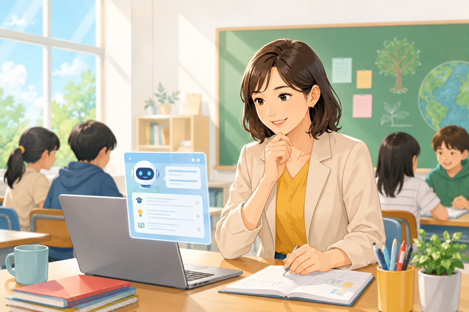 教師がAIで授業準備を進める教室イラスト