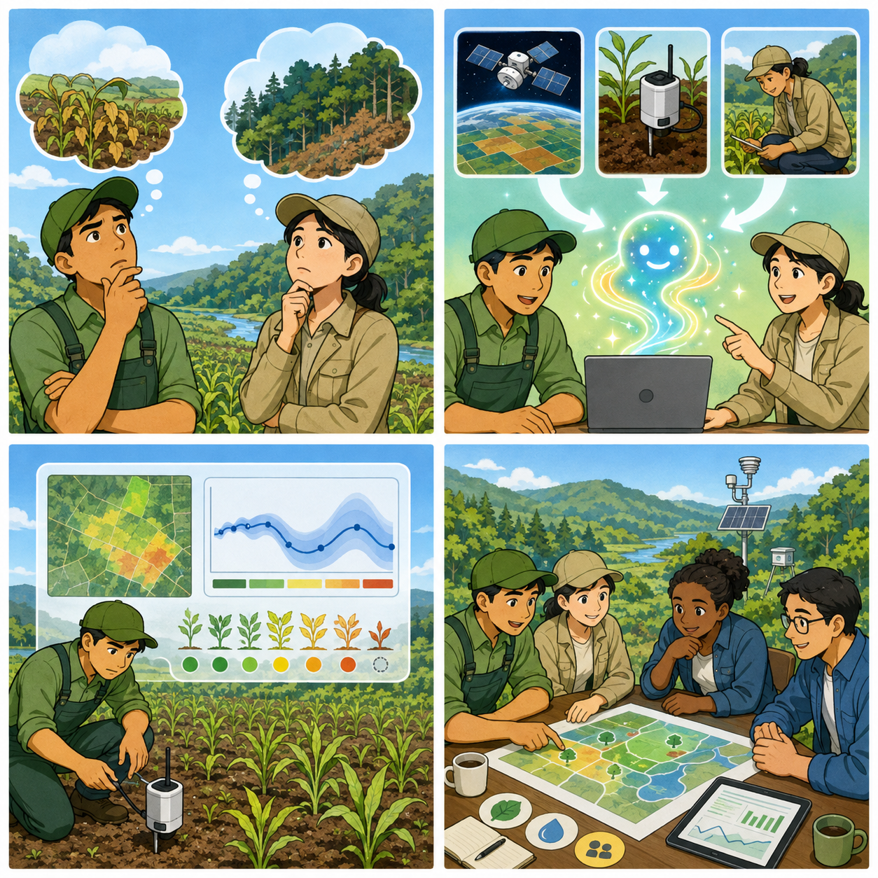 環境AIの活用と現地確認を描く4コマ