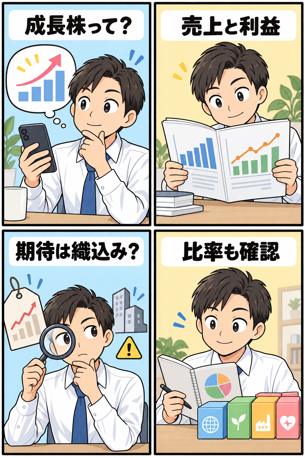 成長株を決算と分散投資の視点で確認する4コマ