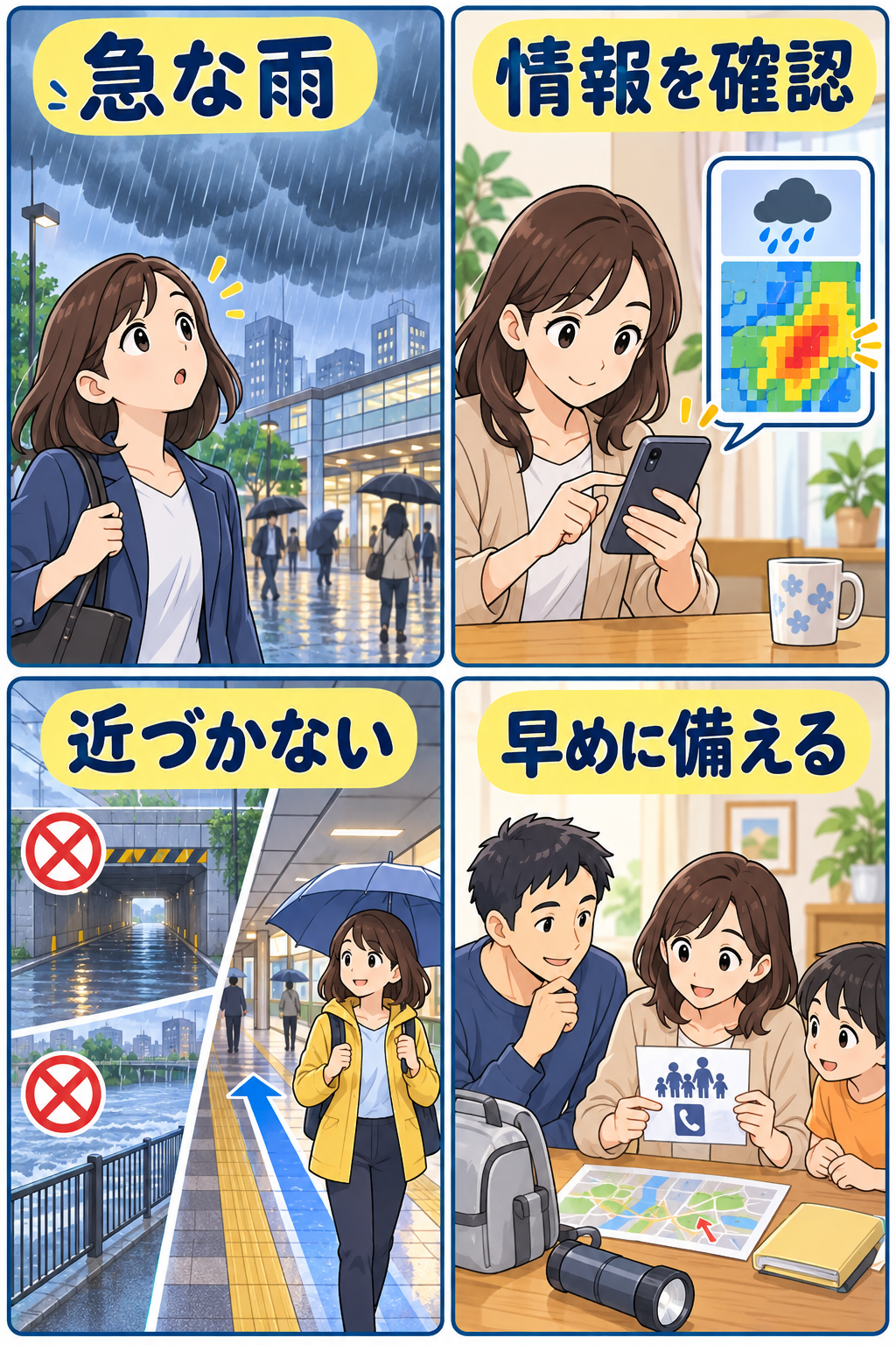ゲリラ豪雨への備えを伝える4コマ