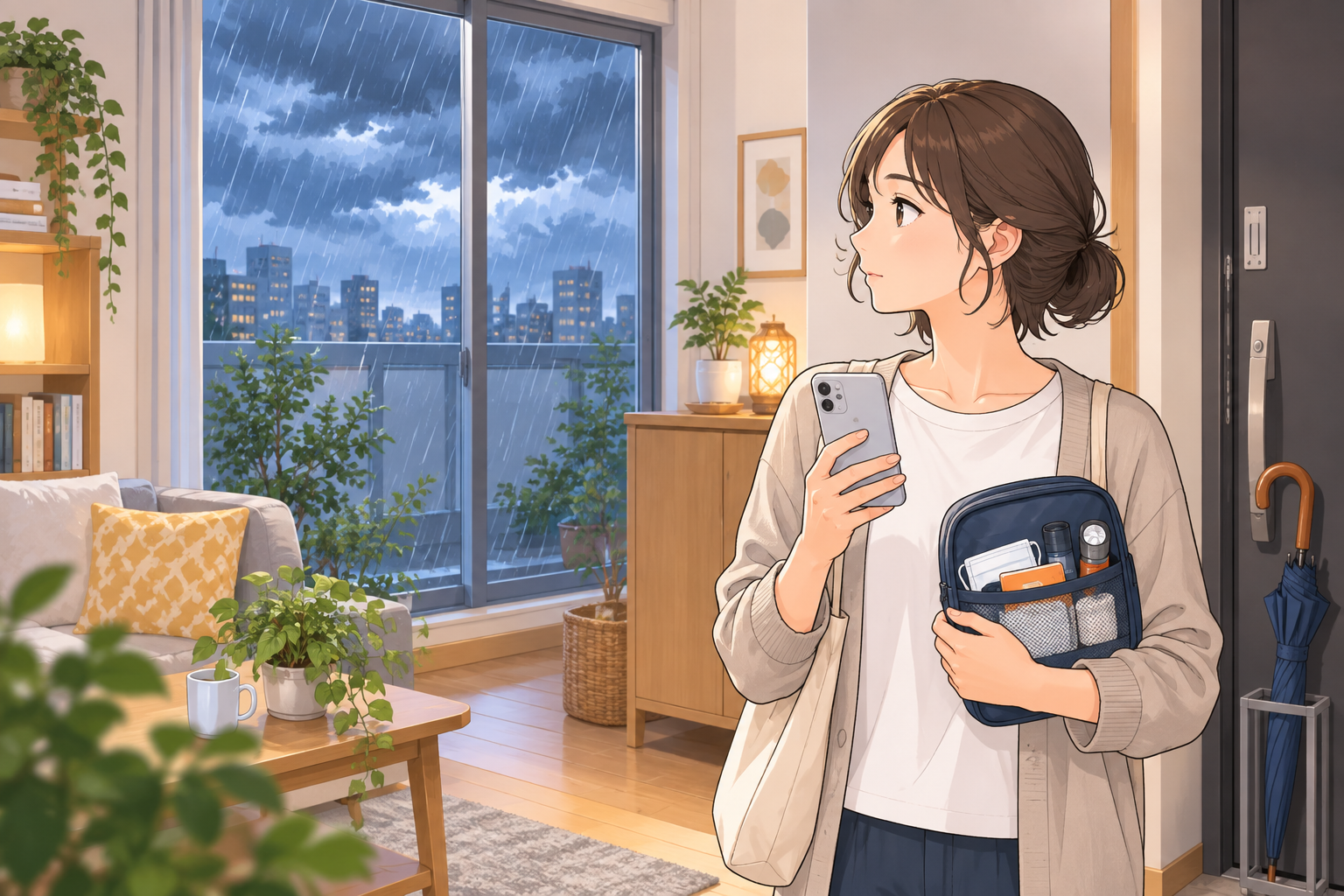 急な大雨に備え情報を確認する女性