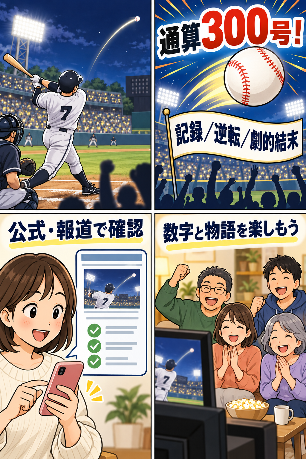 通算300号とサヨナラ劇を解説する野球4コマ漫画