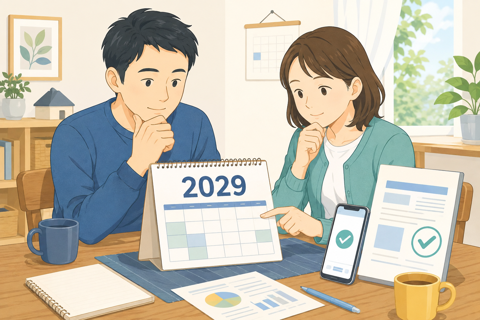 2029年の所得連動給付をカレンダーと書類で確認する家族