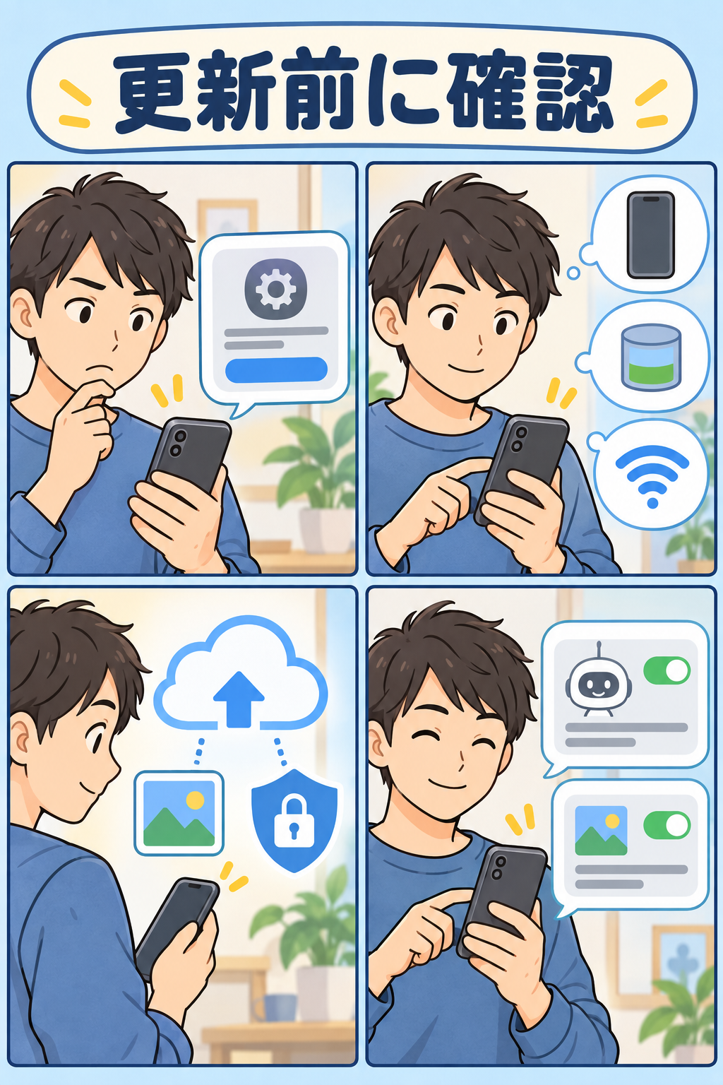 iOS 27の更新前に端末とバックアップと設定を確認する4コマ漫画