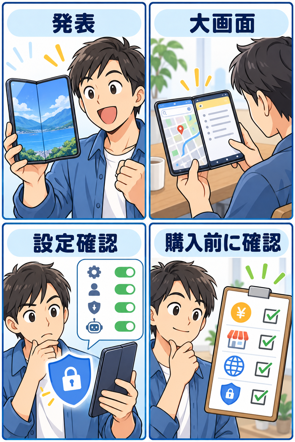 発表から設定確認までを示す折りたたみスマホの4コマ漫画