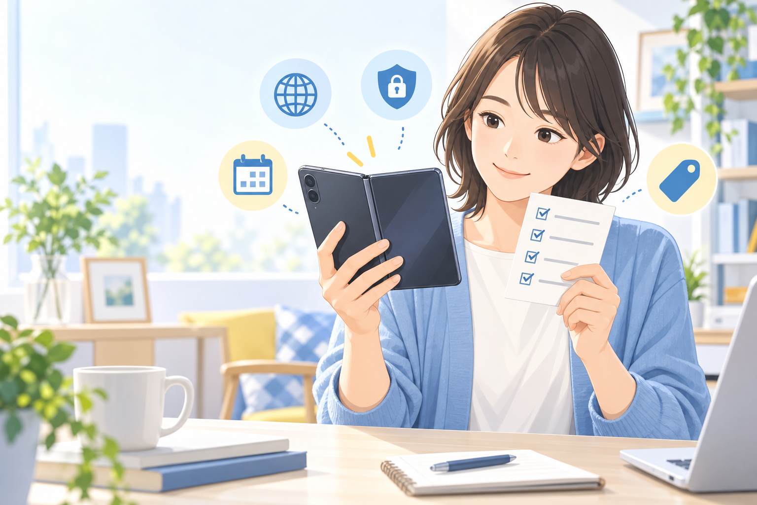 折りたたみAIスマートフォンの購入条件を確認する女性