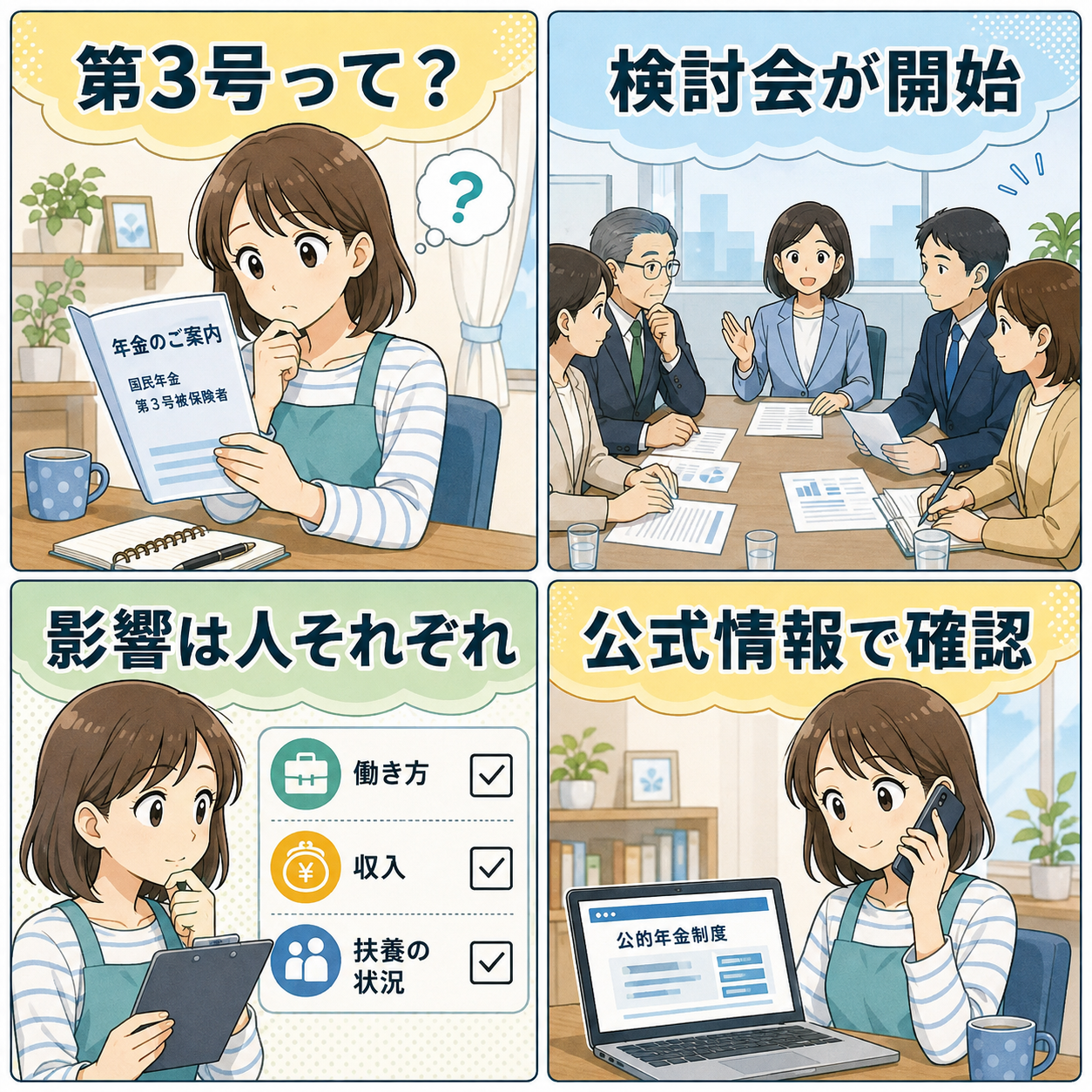 第3号制度の現状確認から公式情報確認までを描いた4コマ漫画