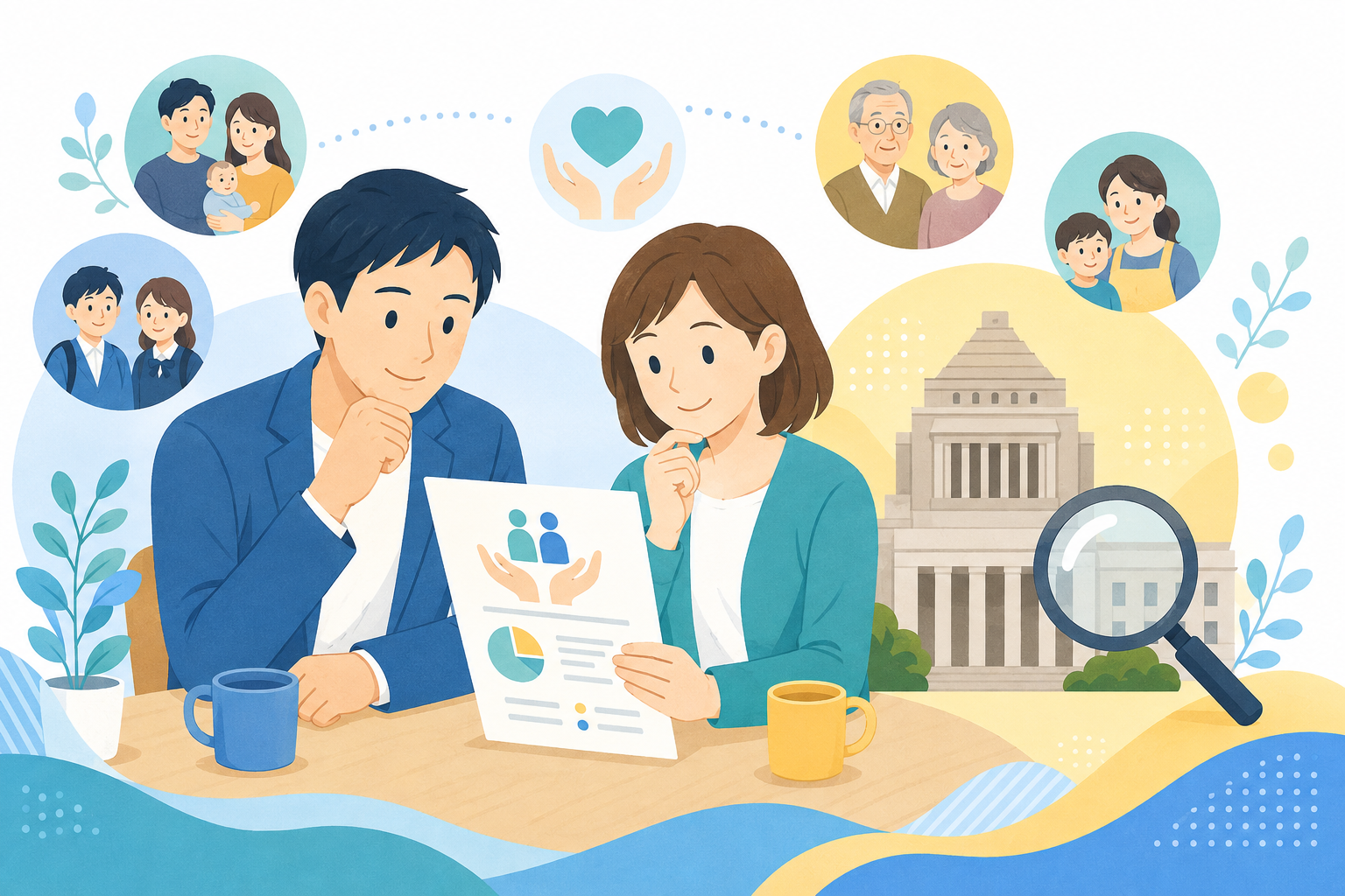 年金制度の資料を確認する夫婦と国会議事堂のイラスト