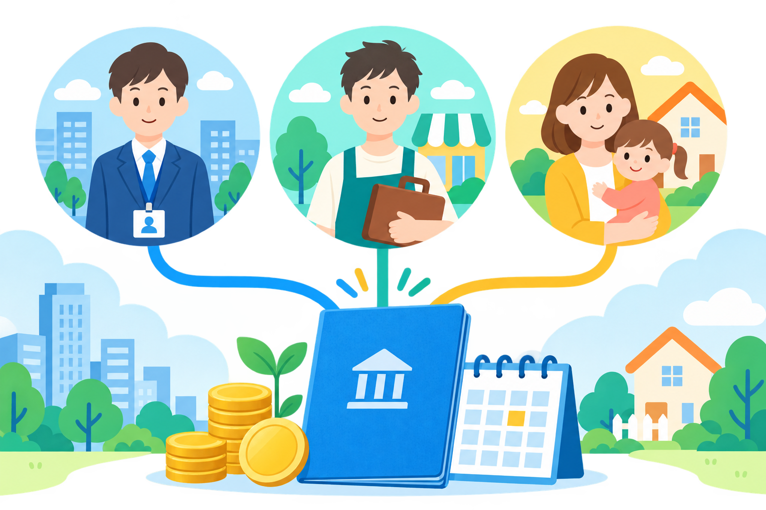 会社員、自営業者、扶養配偶者の区分を示す年金制度のイラスト