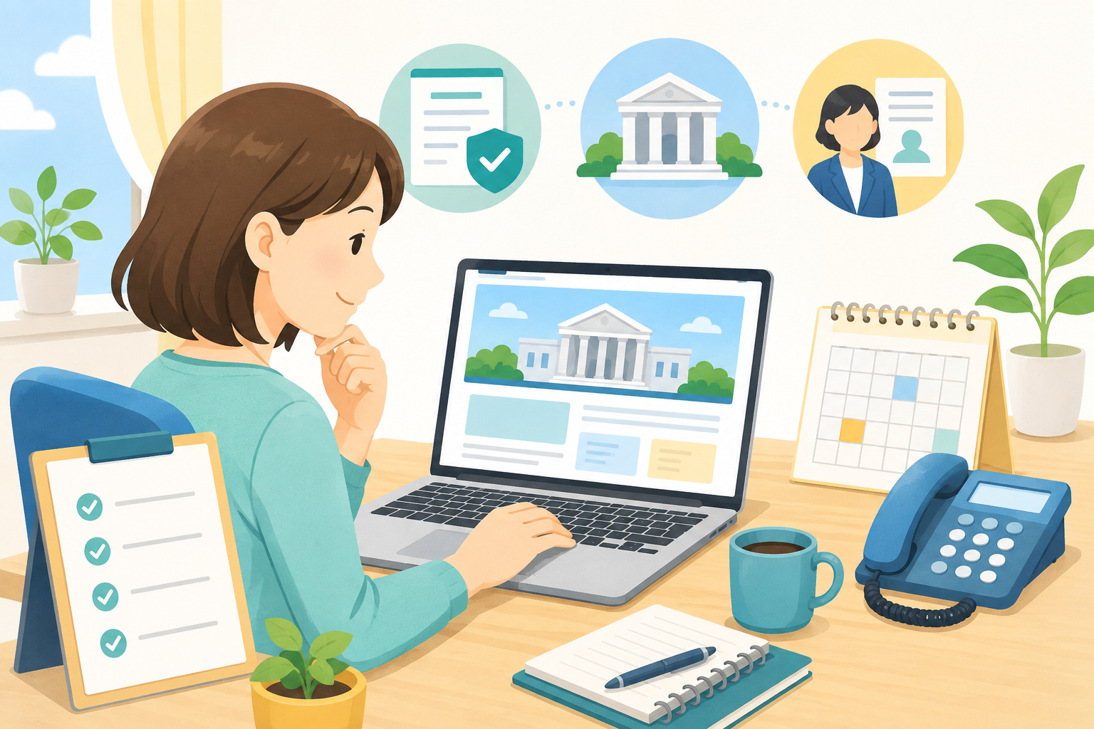 公式サイトと勤務先への相談で年金手続きを確認する人のイラスト