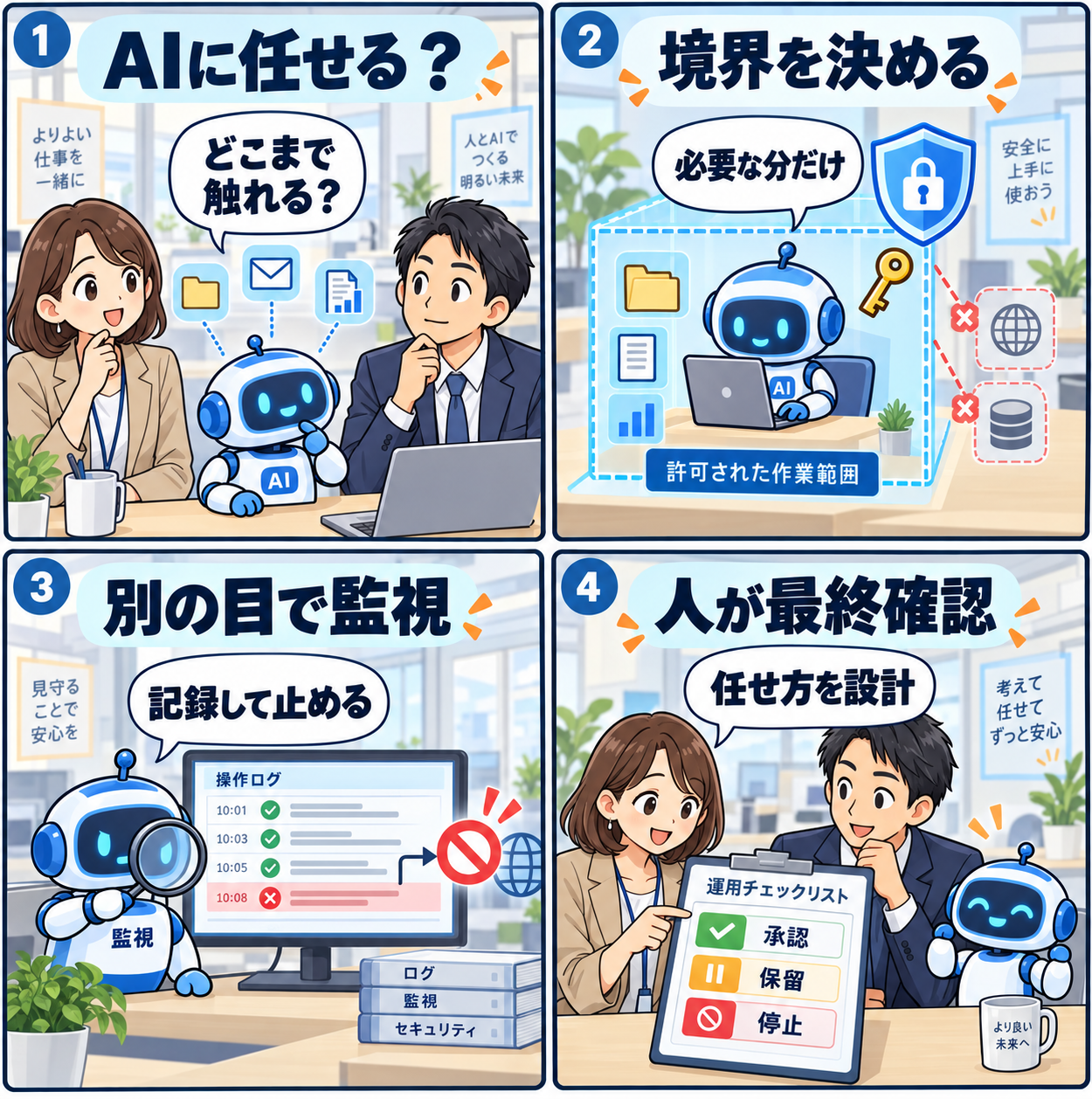 AIエージェントの権限設定と停止を示す4コマ