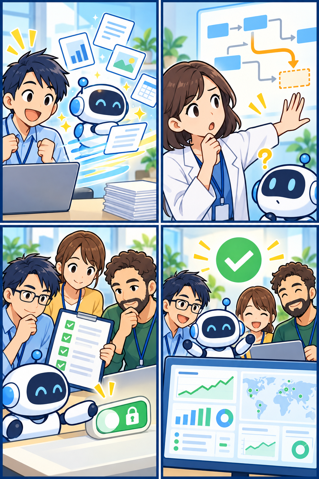 AI公開前にチームが安全確認を行う4コマ