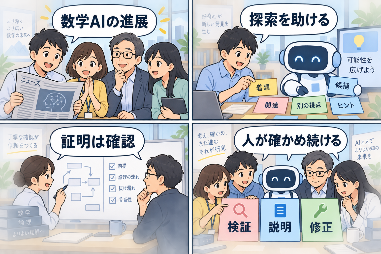 数学AIの進展と人による検証を描く4コマイラスト