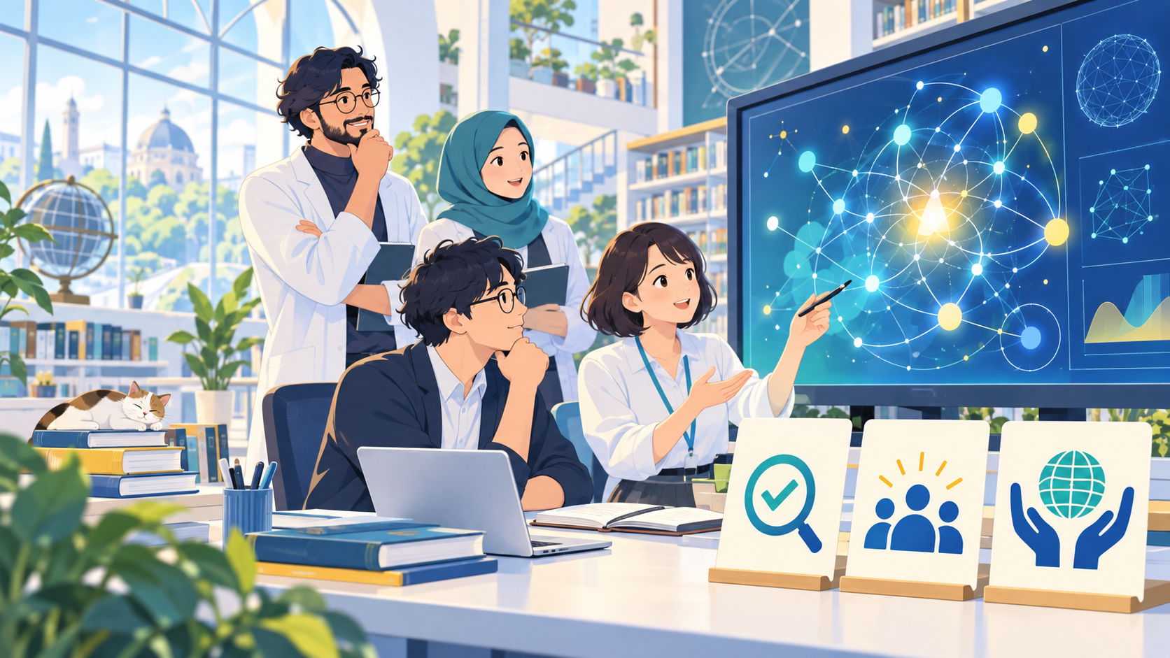 研究者が数学AIの結果と検証のカードを確認するイラスト